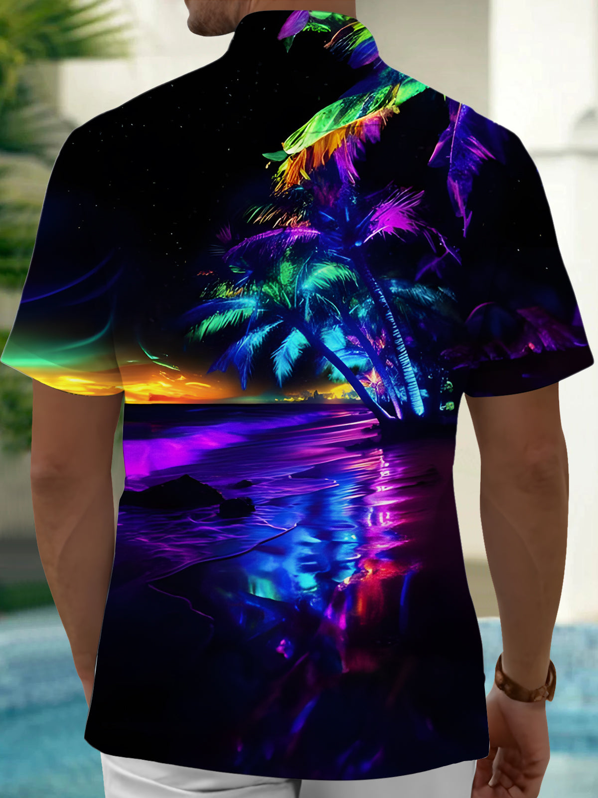 Adaychic Men's Graphic Tropical Neon Palm Tree Beach Print Short Sleeve Button Down Shirt with Chest Pocket