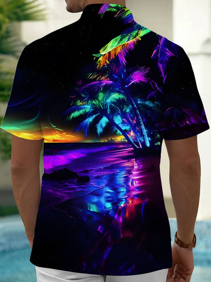 Adaychic Men's Graphic Tropical Neon Palm Tree Beach Print Short Sleeve Button Down Shirt with Chest Pocket