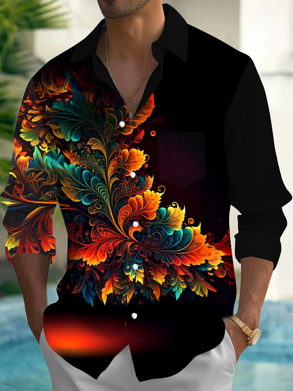 Adaychic Men's Graphic Abstract Floral Swirl Print Short Sleeve Button Down Shirt with Chest Pocket