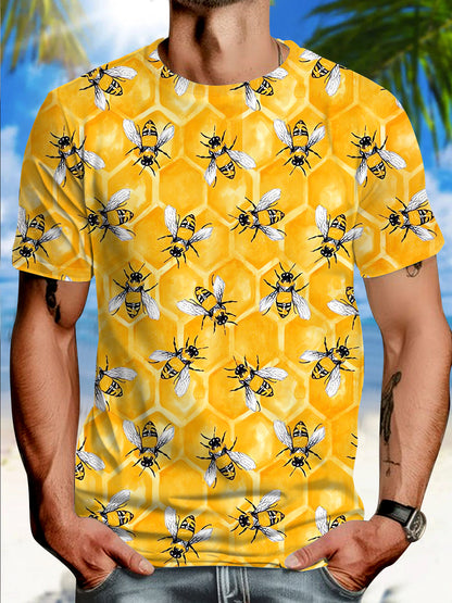 Adaychic Men's Bee Honeycomb Pattern Print Short Sleeve Button Down Shirt with Chest Pocket