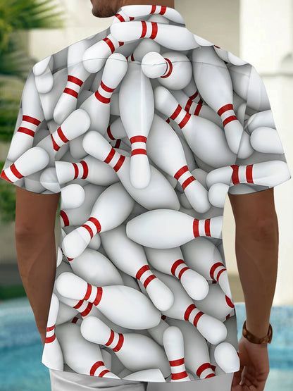Adaychic Men's Graphic 3D Bowling Pins Pattern Print Short Sleeve Button Down Shirt with Chest Pocket