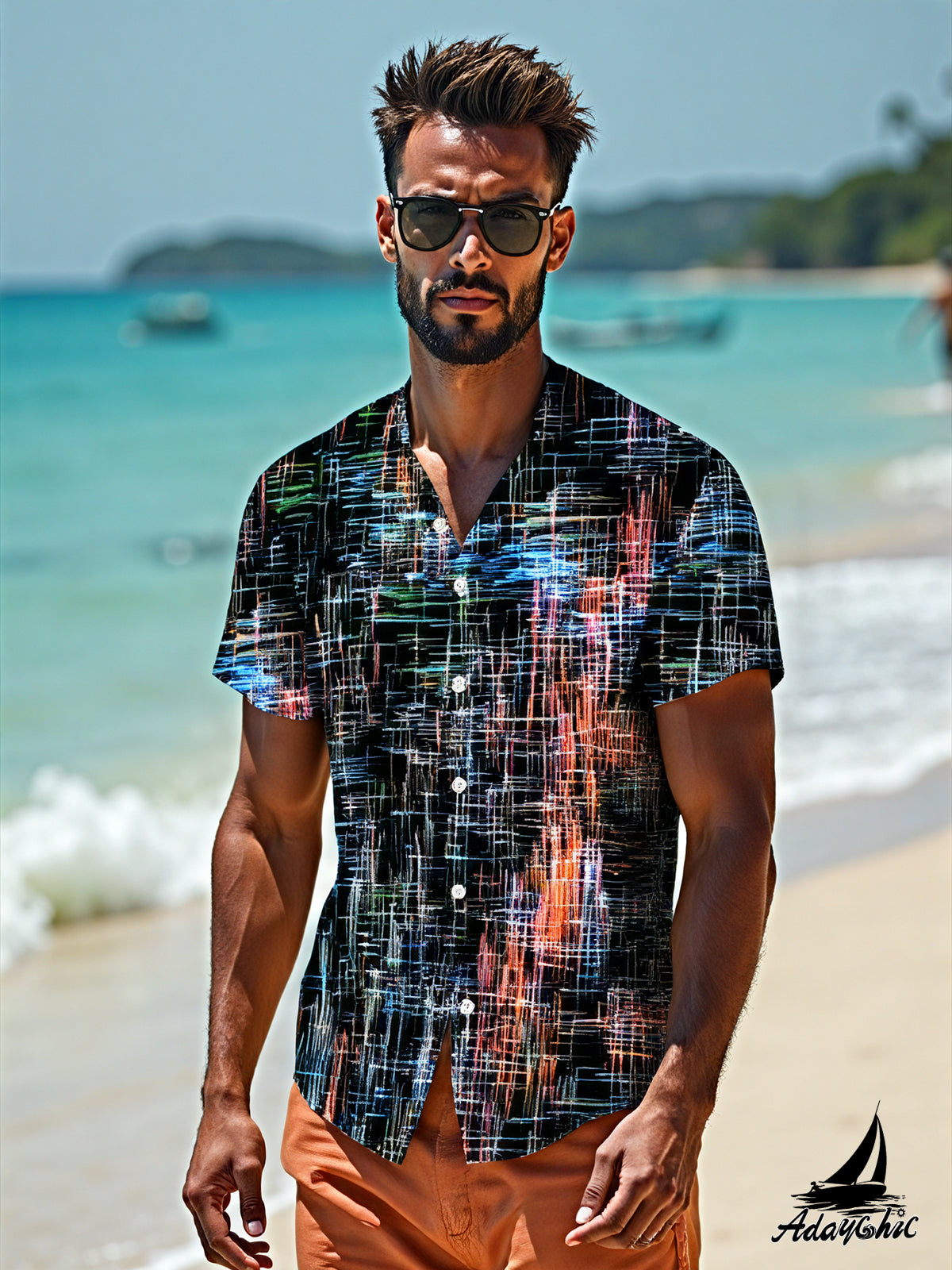Adaychic Men's Abstract Graphic Line Print Short Sleeve Button Down Shirt with Chest Pocket