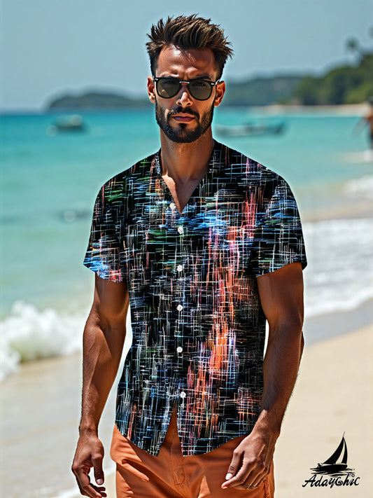 Adaychic Men's Abstract Graphic Line Print Short Sleeve Button Down Shirt with Chest Pocket