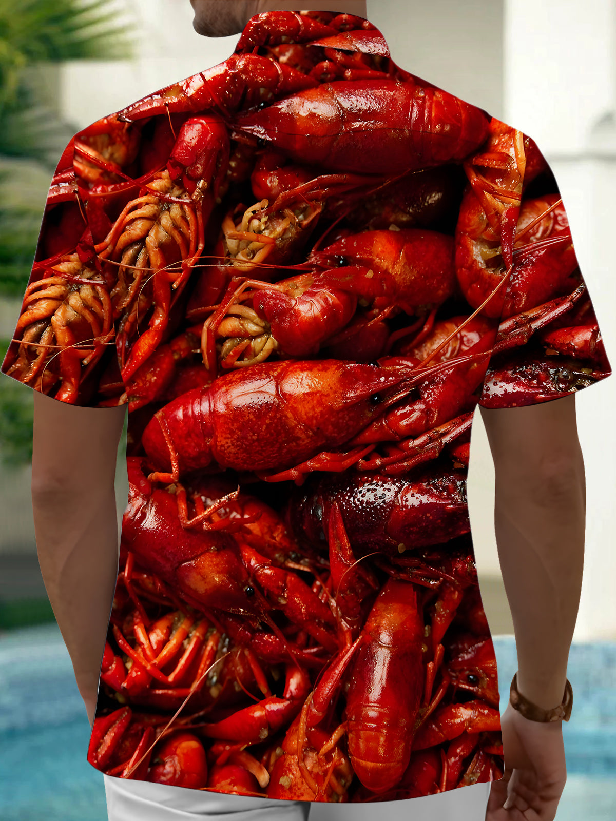 Adaychic Men's Graphic Red Crawfish Print Short Sleeve Button Down Shirt with Chest Pocket