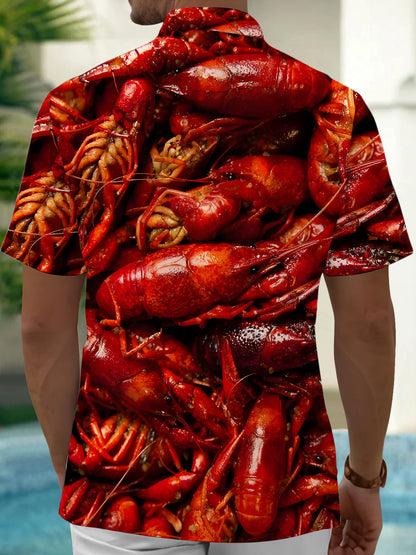 Adaychic Men's Graphic Red Crawfish Print Short Sleeve Button Down Shirt with Chest Pocket