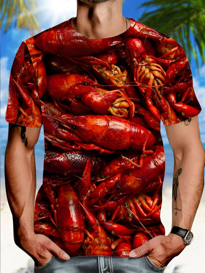Adaychic Men's Graphic Crayfish Seafood Print Short Sleeve Button Down Shirt with Chest Pocket
