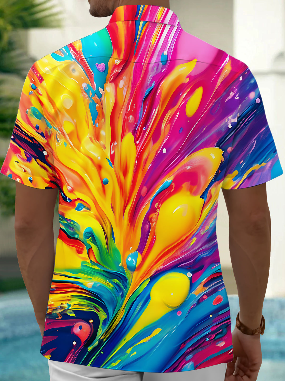 Adaychic Men's Graphic Abstract Colorful Paint Splash Print Short Sleeve Button Down Shirt with Chest Pocket