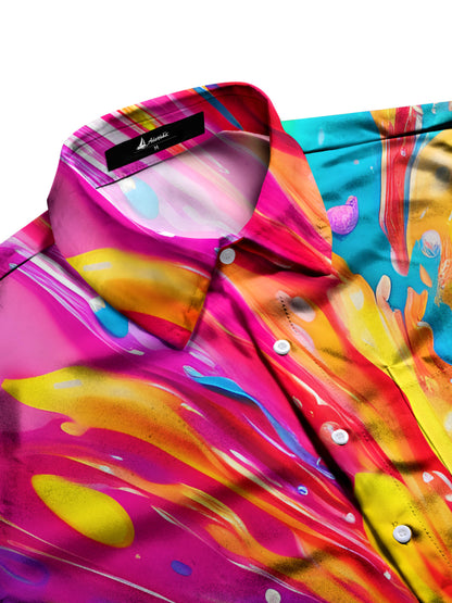 Adaychic Men's Graphic Abstract Colorful Paint Splash Print Short Sleeve Button Down Shirt with Chest Pocket
