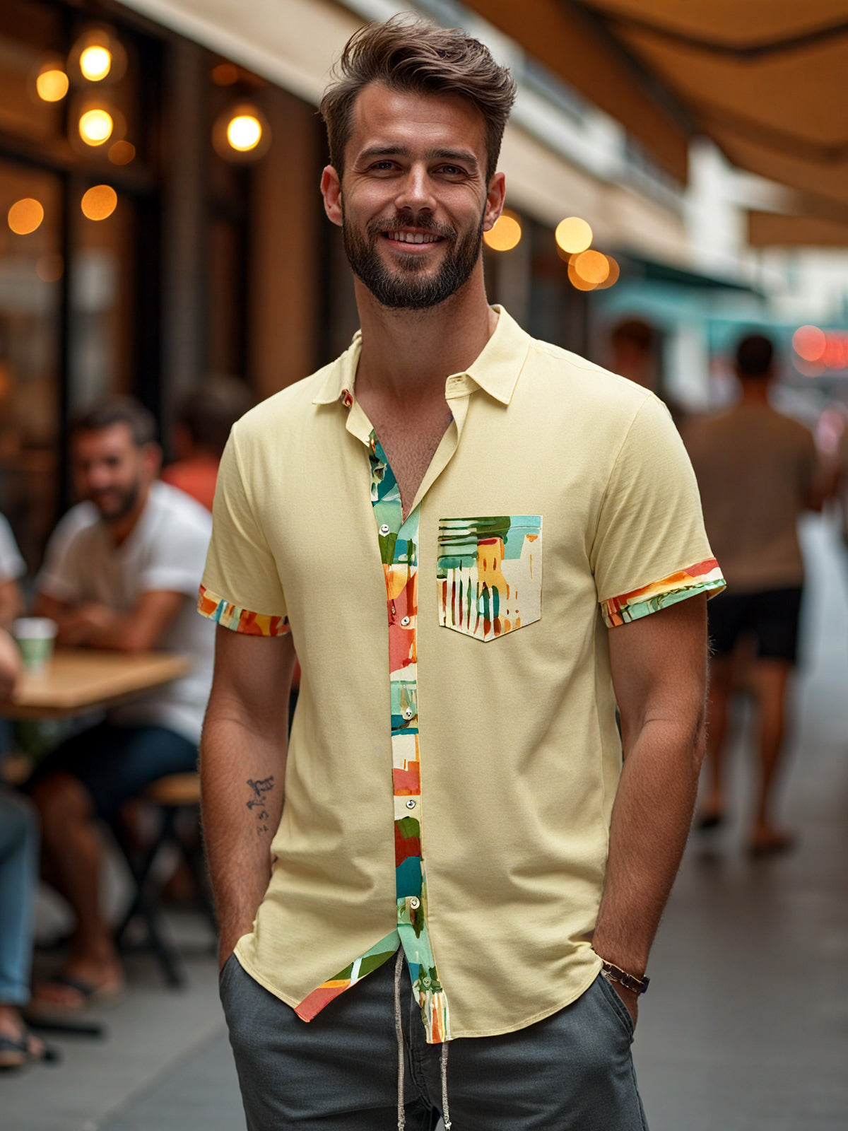 Adaychic Men's Abstract Colorblock Panel Short Sleeve Button Down Shirt with Chest Pocket