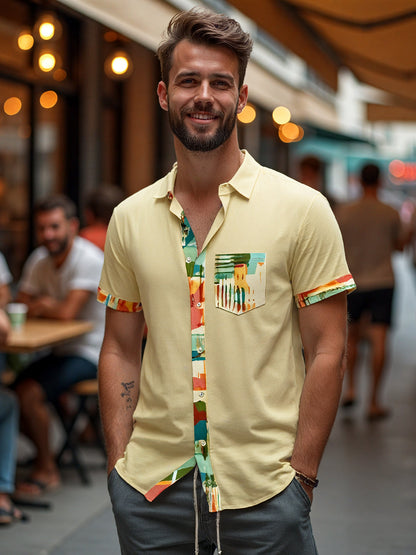 Adaychic Men's Abstract Colorblock Panel Short Sleeve Button Down Shirt with Chest Pocket