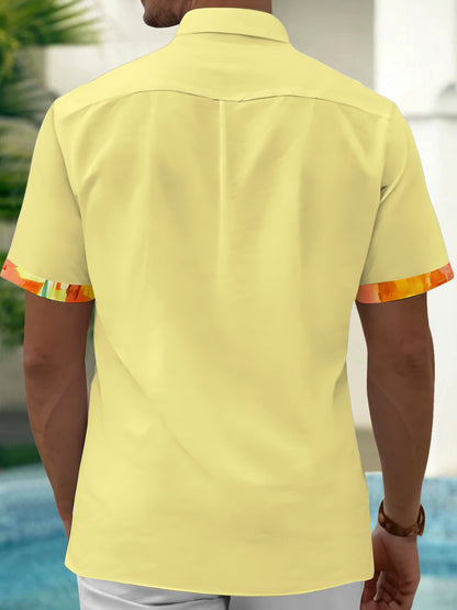 Adaychic Men's Yellow Abstract Colorblock Short Sleeve Button Down Shirt with Chest Pocket