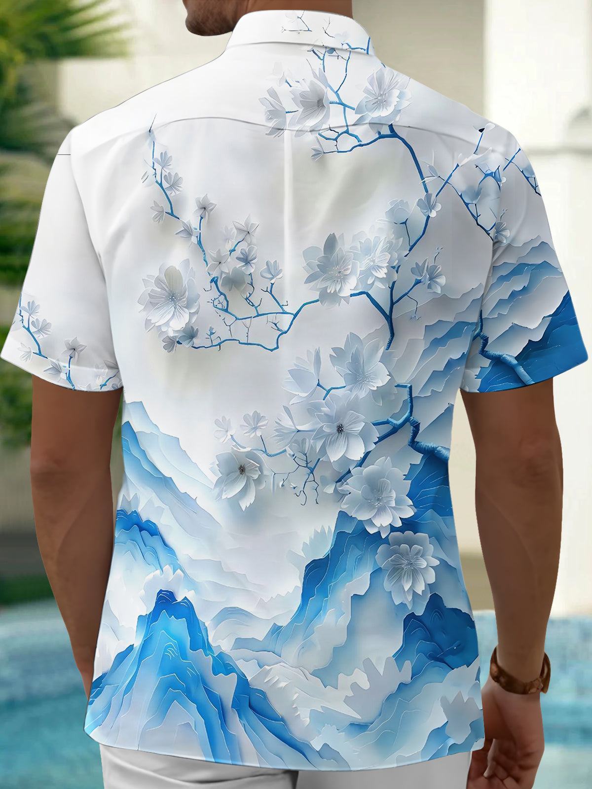 Adaychic Men's 3D Blue Floral Mountain Graphic Print Short Sleeve Button Down Shirt with Chest Pocket