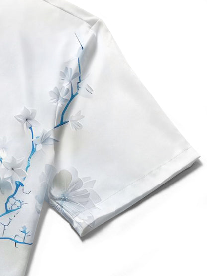 Adaychic Men's 3D Blue Floral Mountain Graphic Print Short Sleeve Button Down Shirt with Chest Pocket