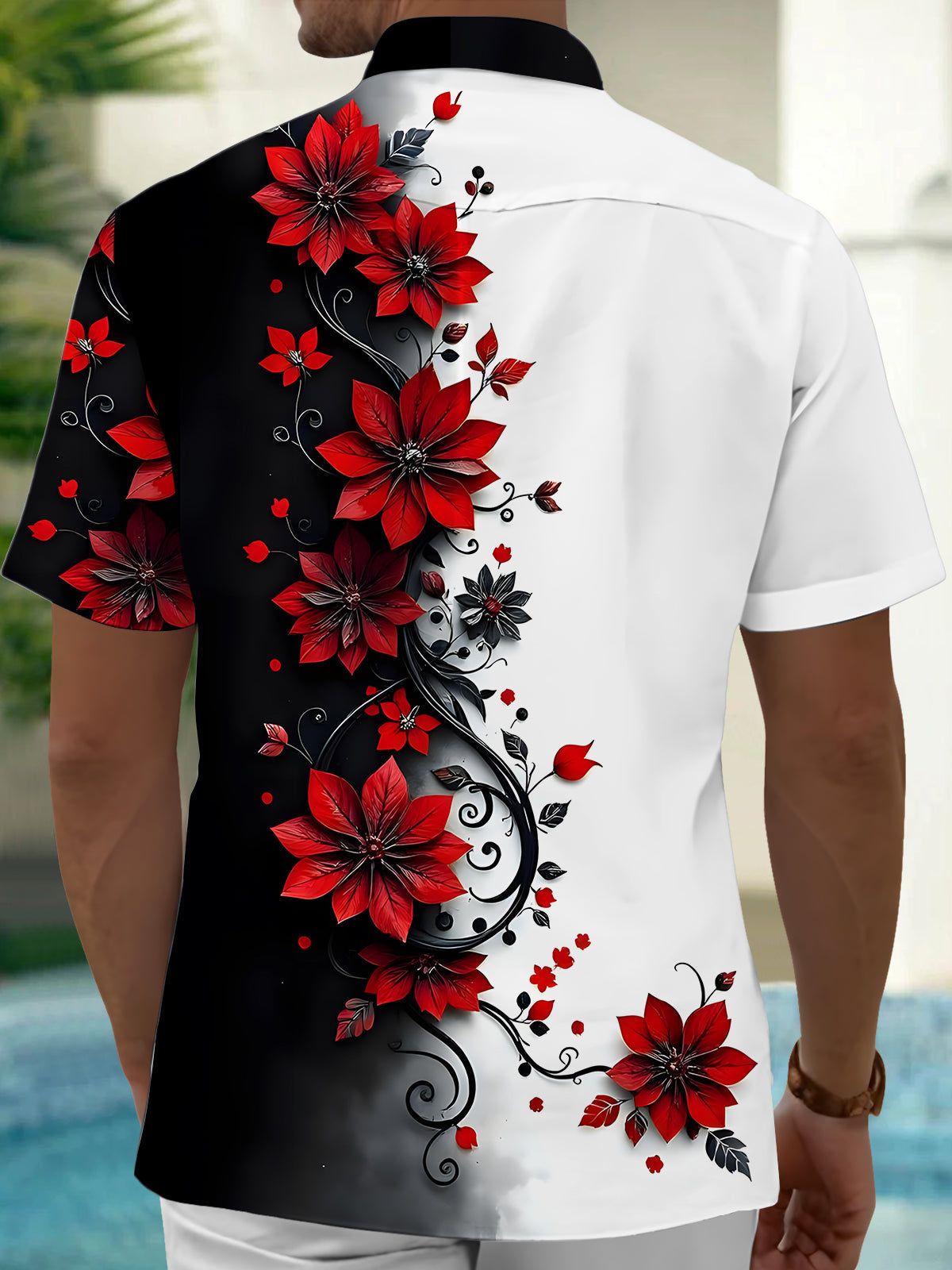Adaychic Men's Red Flower Black White Print Short Sleeve Button Down Shirt with Chest Pocket