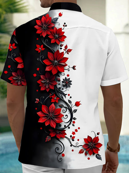 Adaychic Men's Red Flower Black White Print Short Sleeve Button Down Shirt with Chest Pocket
