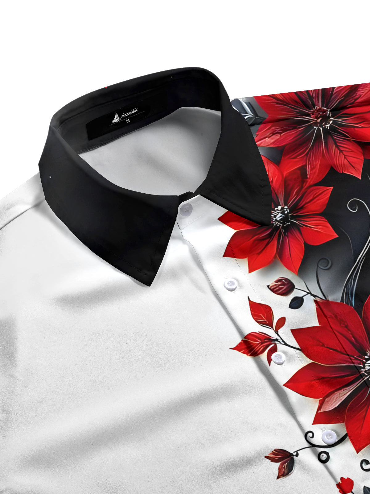 Adaychic Men's Red Flower Black White Print Short Sleeve Button Down Shirt with Chest Pocket