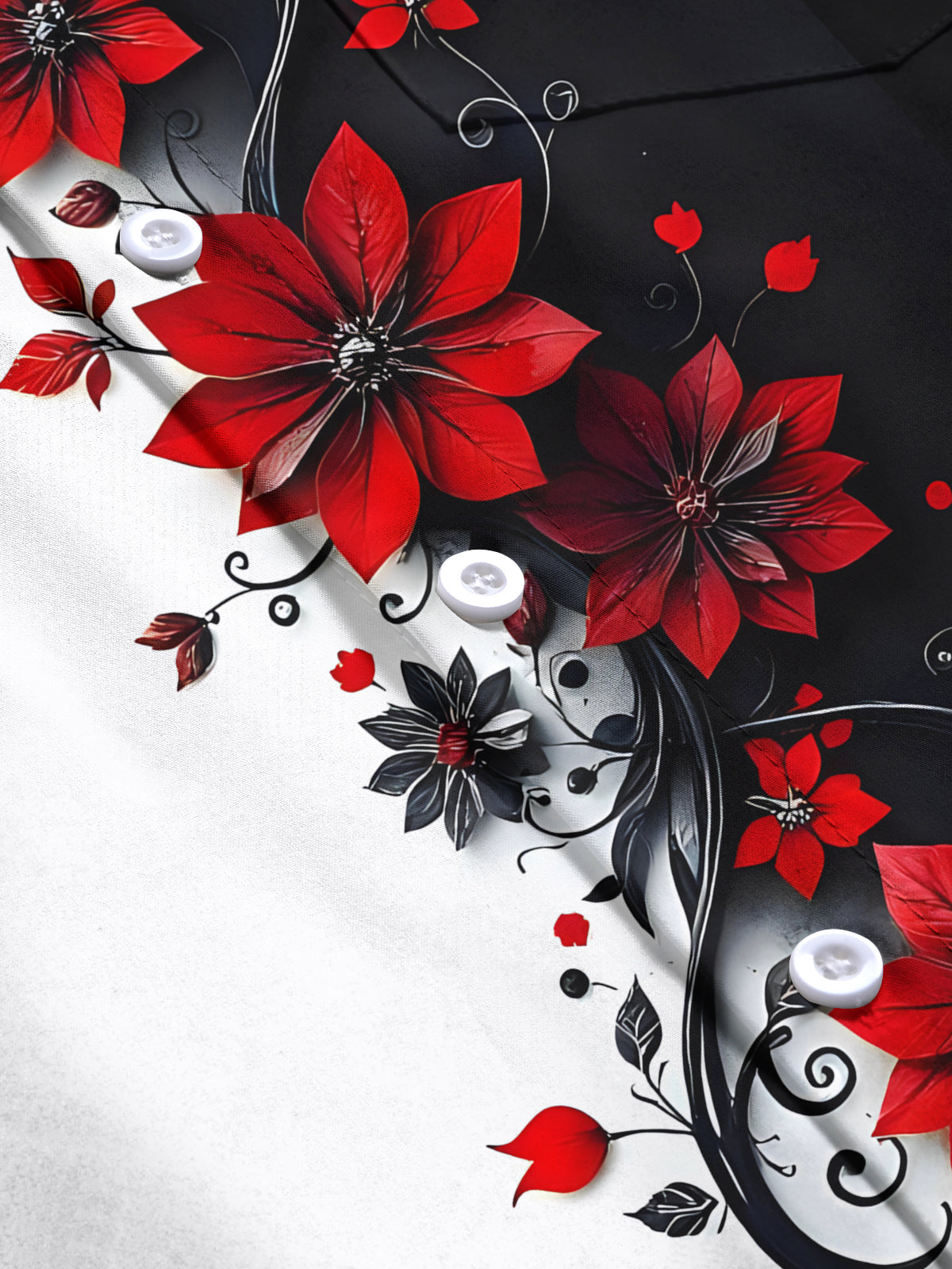 Adaychic Men's Red Flower Black White Print Short Sleeve Button Down Shirt with Chest Pocket