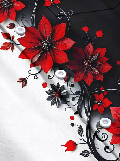 Adaychic Men's Red Flower Black White Print Short Sleeve Button Down Shirt with Chest Pocket