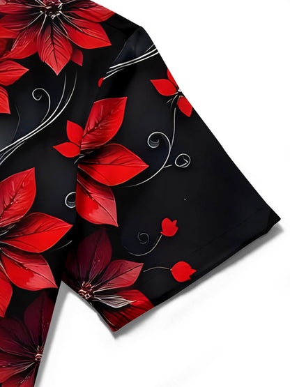 Adaychic Men's Red Flower Black White Print Short Sleeve Button Down Shirt with Chest Pocket