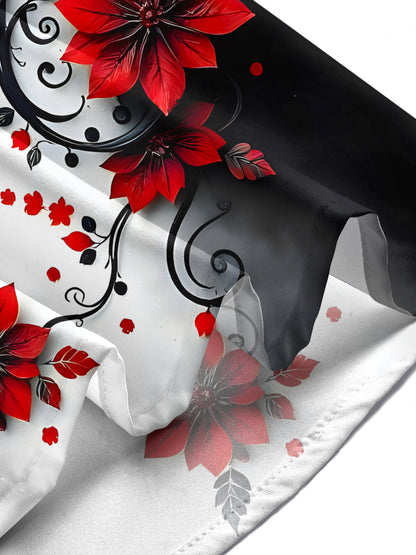 Adaychic Men's Red Flower Black White Print Short Sleeve Button Down Shirt with Chest Pocket