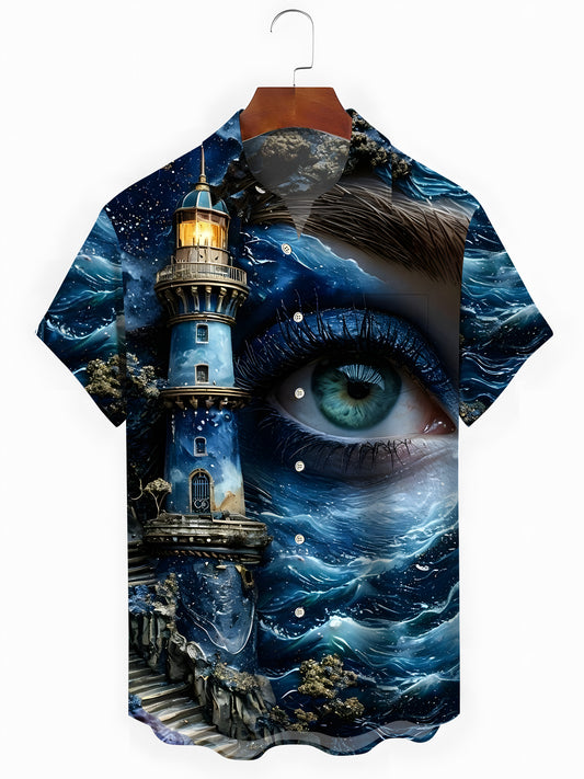 Lighthouse Eye Print Men's Pocket Short Sleeve Shirts