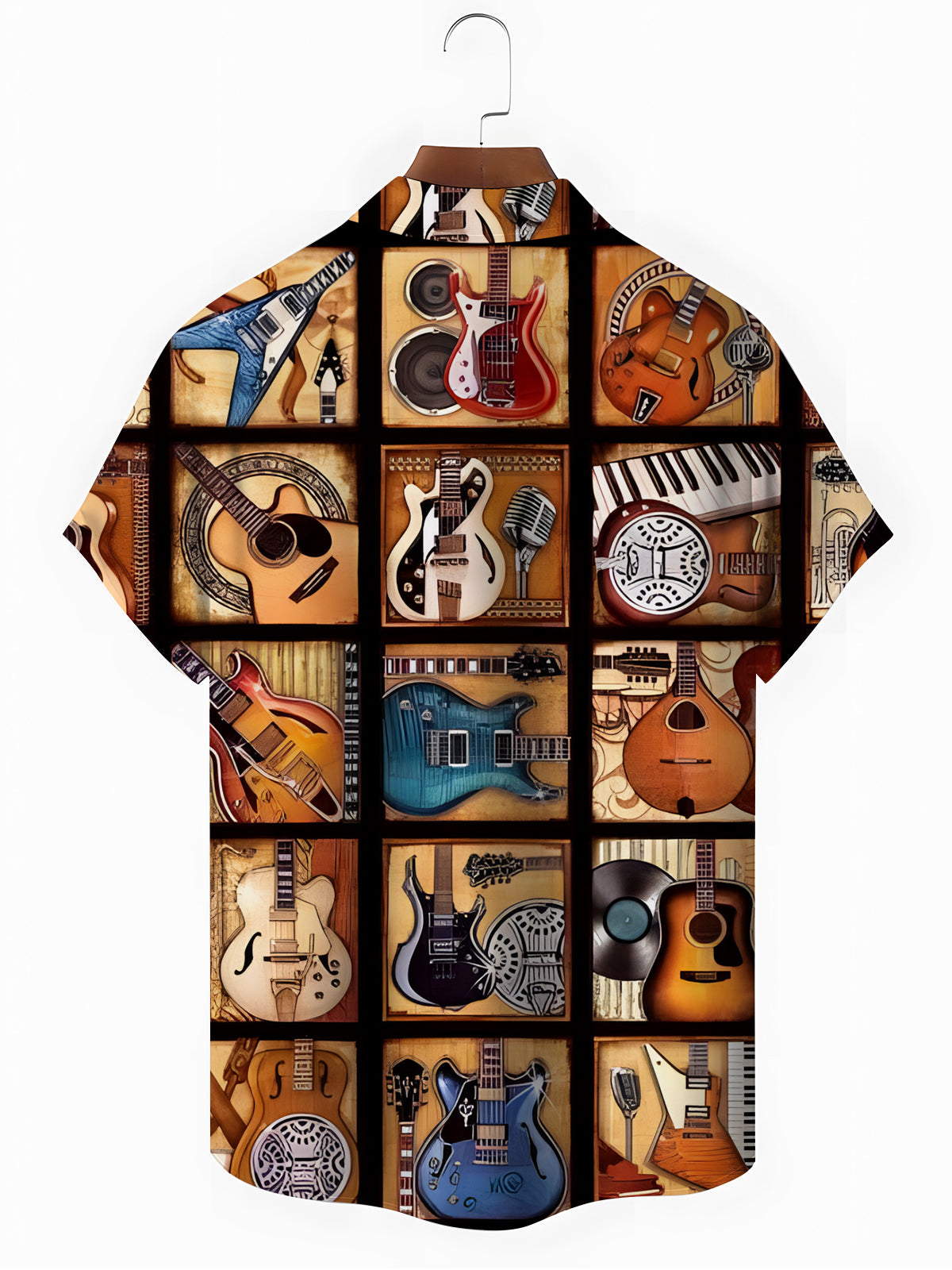 Musical Instrument Print Men's Pocket Short Sleeve Shirts