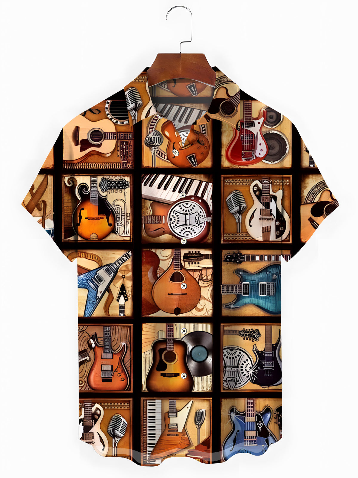 Musical Instrument Print Men's Pocket Short Sleeve Shirts