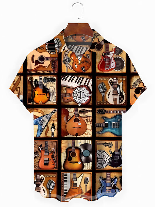 Musical Instrument Print Men's Pocket Short Sleeve Shirts