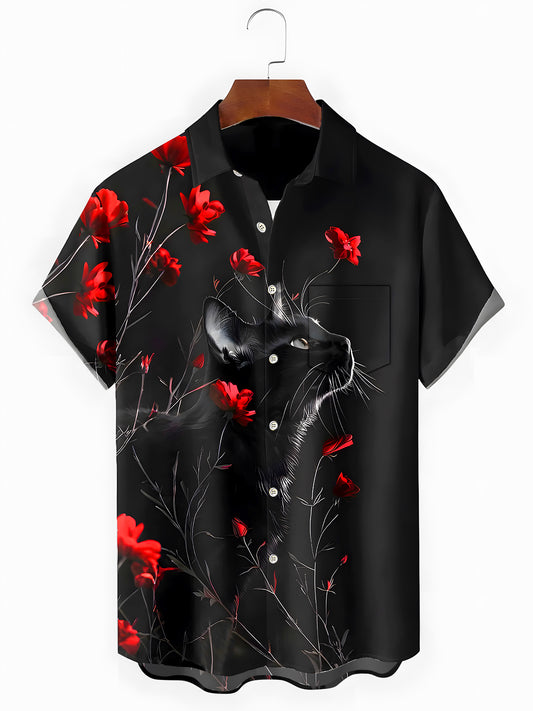Cat Floral Men's Pocket Short Sleeve Shirts