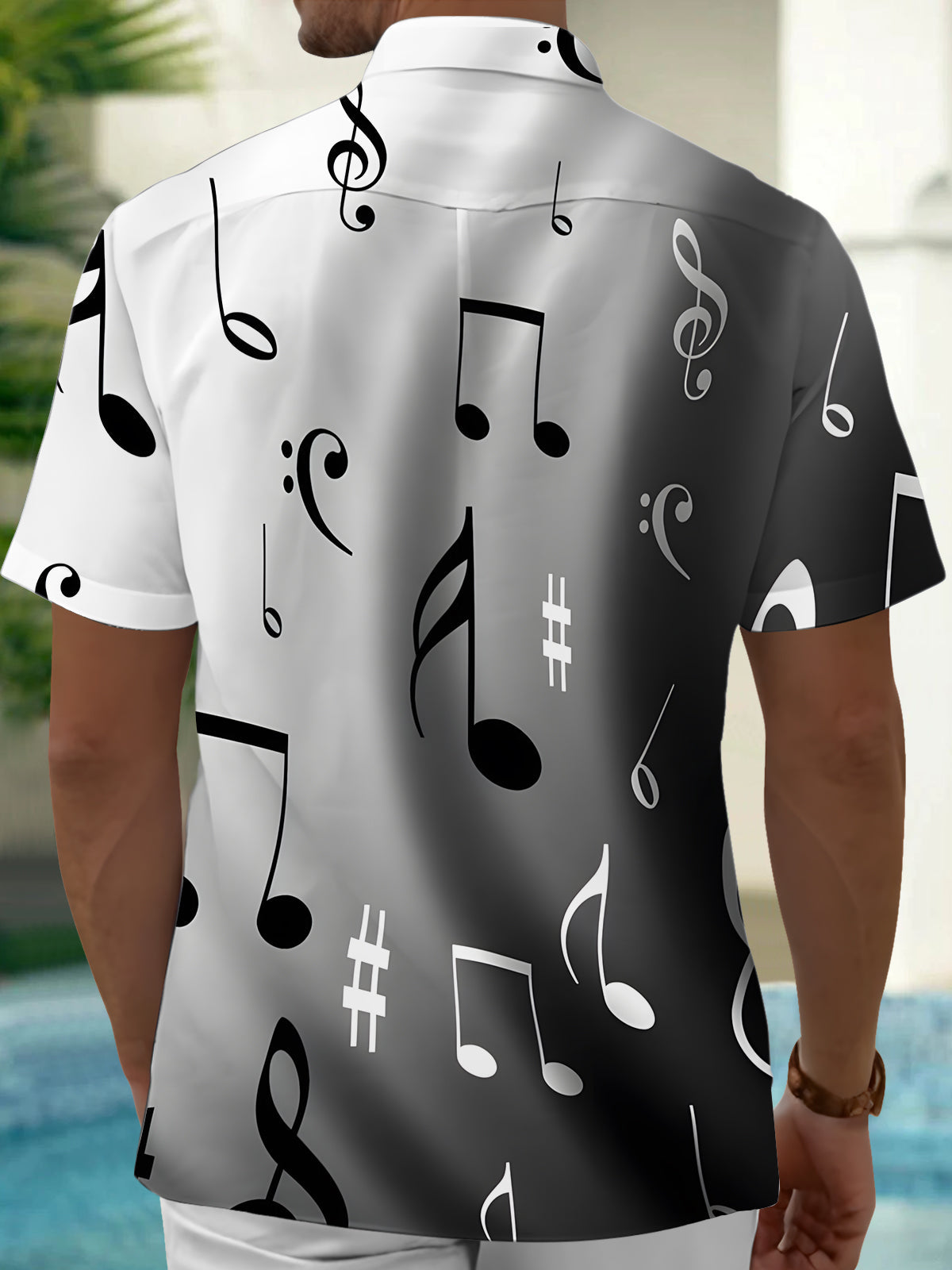 Adaychic Men's Graphic Musical Notes Gradient Print Short Sleeve Button Down Shirt with Chest Pocket