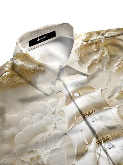 Adaychic Men's Graphic 3D Sailing Ship Boat Print Short Sleeve Button Down Shirt with Chest Pocket