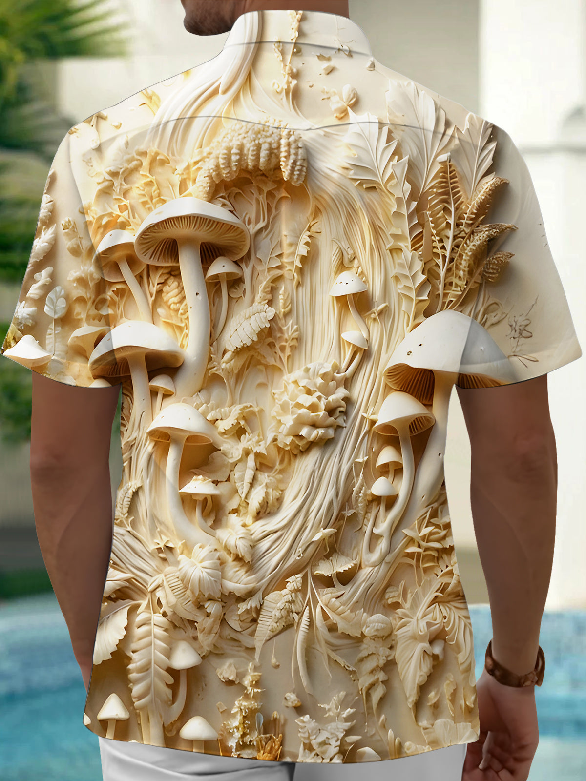 Adaychic Mushroom Leaf Pattern Print Short Sleeve Matching Couple Shirts with Chest Pocket