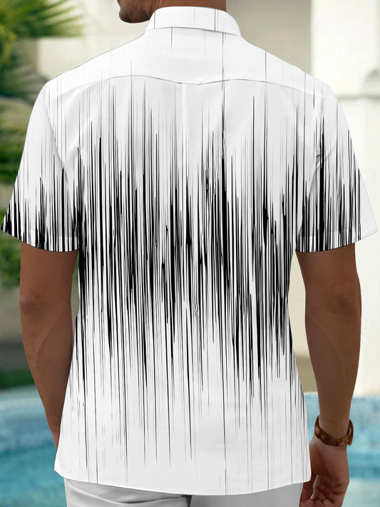 Adaychic Men's Striped Abstract Black Line Short Sleeve Button Down Shirt with Chest Pocket