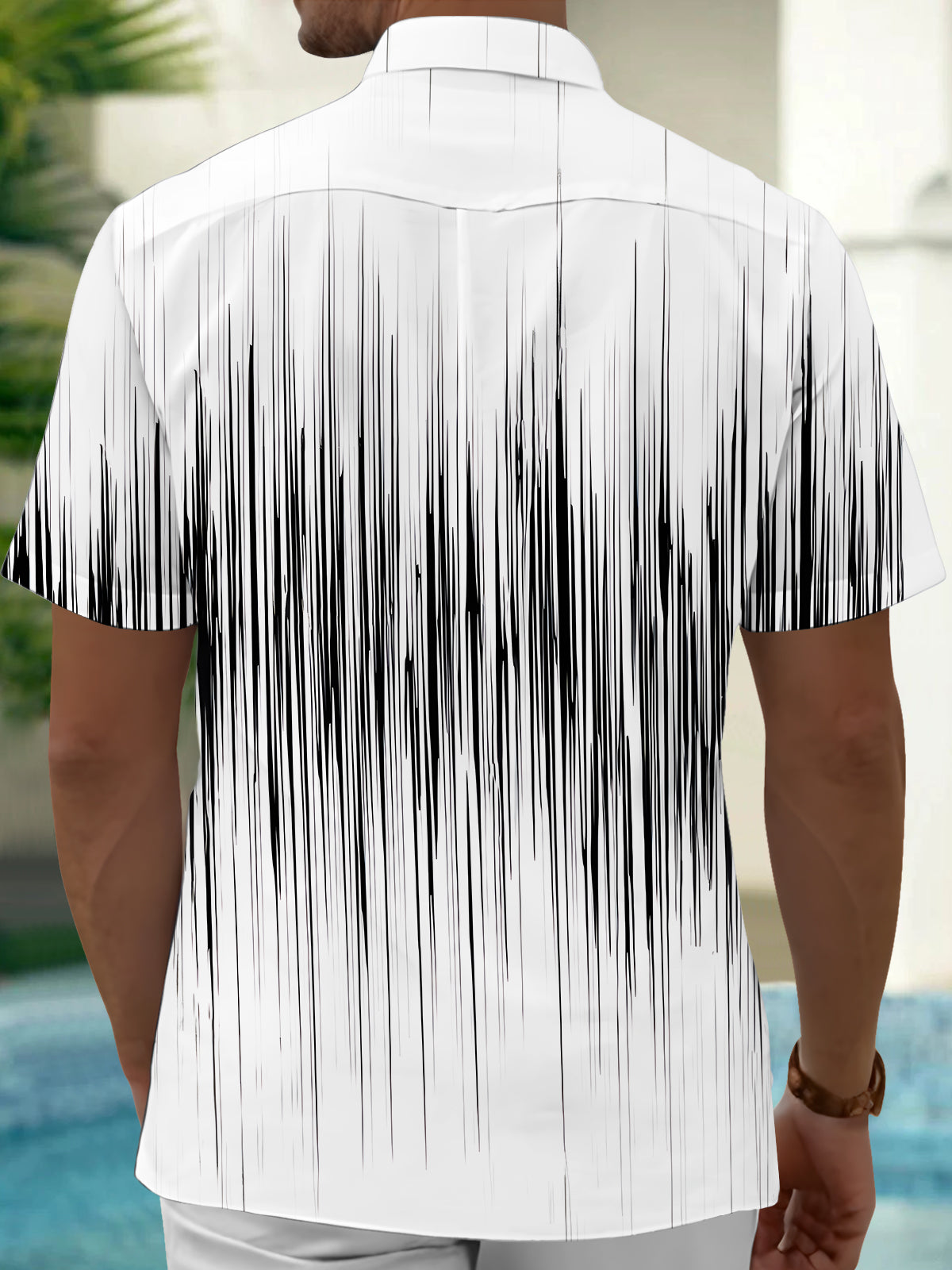 Adaychic Men's Graphic Abstract Vertical Line Print Short Sleeve Button Down Shirt with Chest Pocket