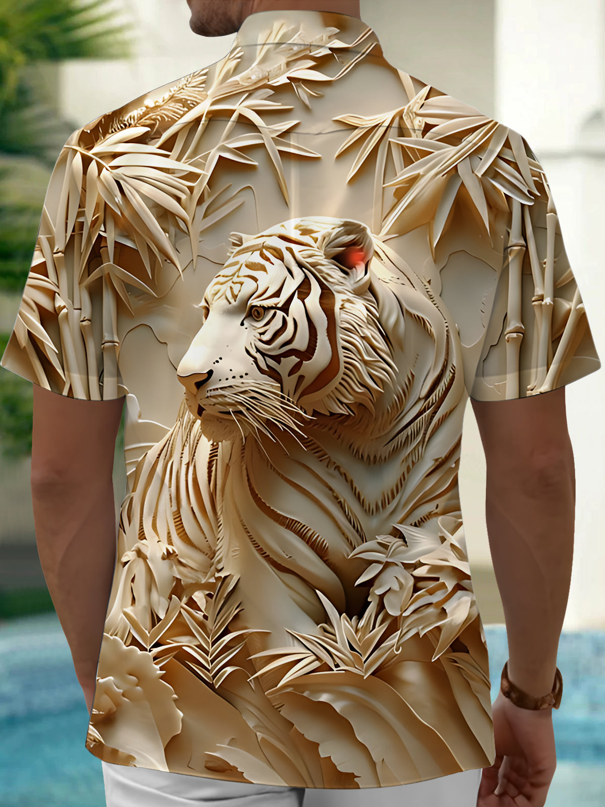 Adaychic Men's Graphic Tropical 3D Tiger Bamboo Print Short Sleeve Button Down Shirt with Chest Pocket