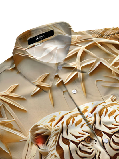 Adaychic Men's Graphic Tropical 3D Tiger Bamboo Print Short Sleeve Button Down Shirt with Chest Pocket