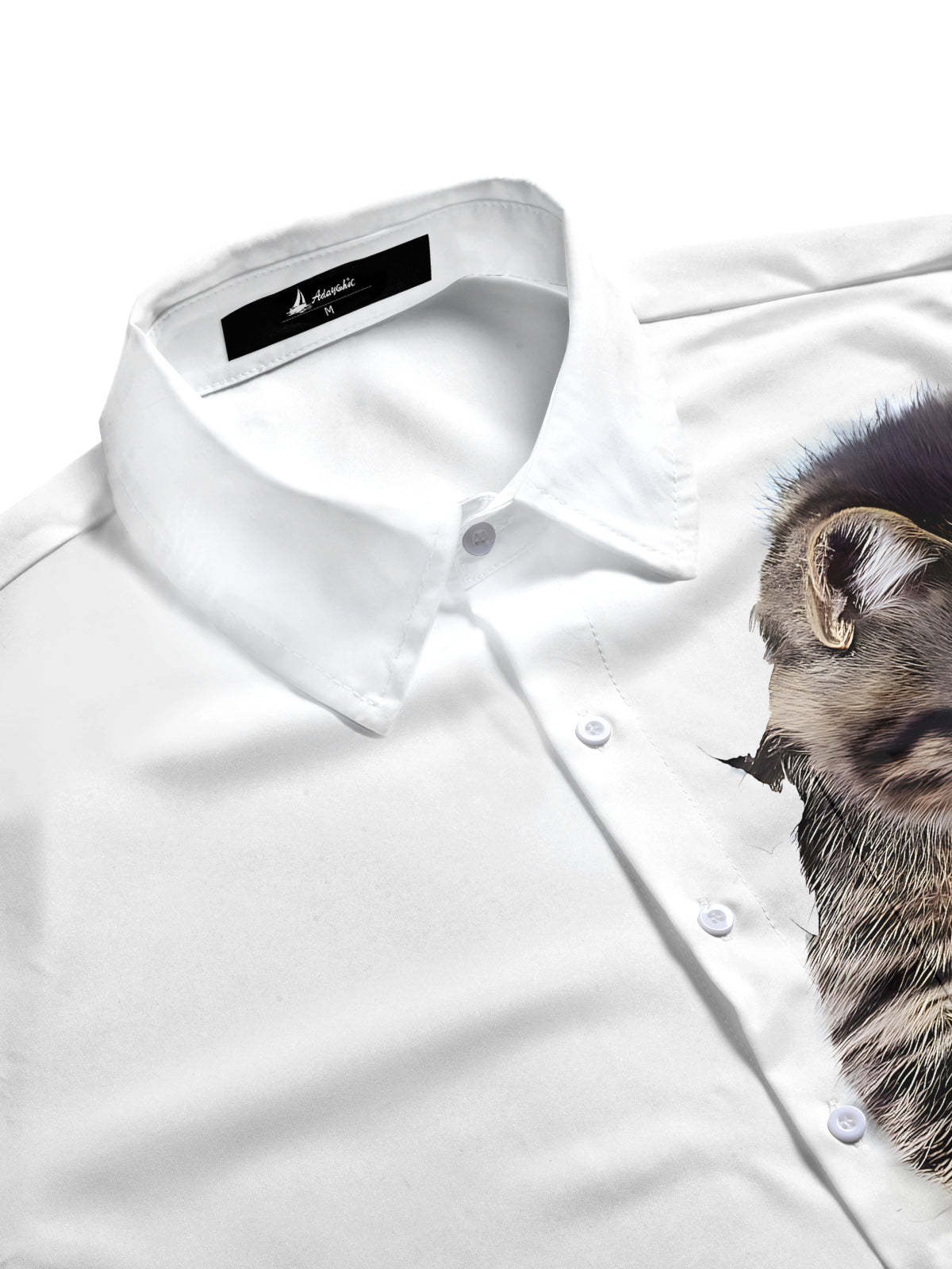 Men's casual long sleeve shirt with cat print pocket, side view