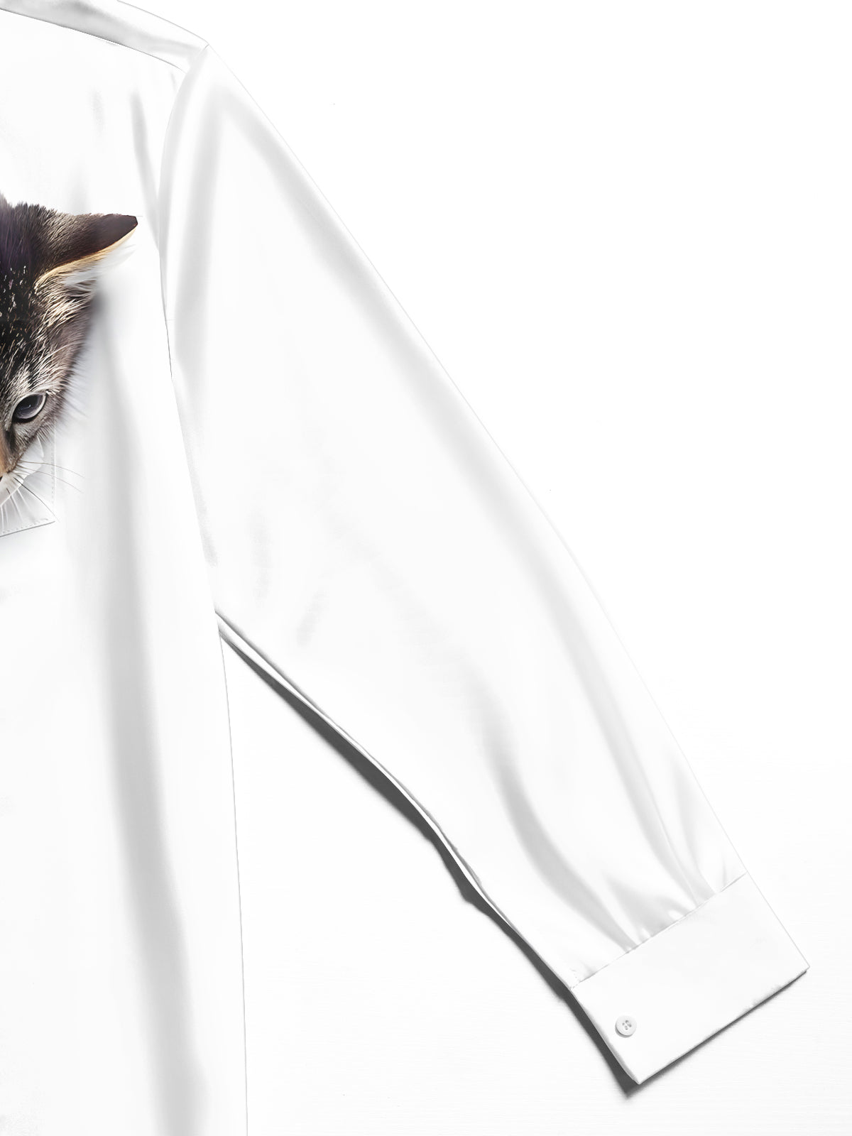 Men's long sleeve cat print shirt close-up detail view