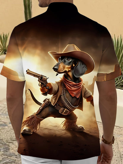 Adaychic Men's 3D Cowboy Dog Graphic Print Short Sleeve Button Down Shirt with Chest Pocket