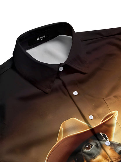 Adaychic Men's 3D Cowboy Dog Graphic Print Short Sleeve Button Down Shirt with Chest Pocket