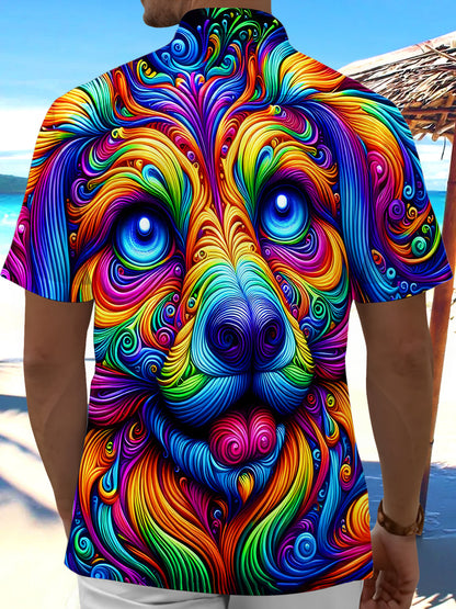 Adaychic Psychedelic Dog Face Print Short Sleeve Matching Couple Shirts with Chest Pocket
