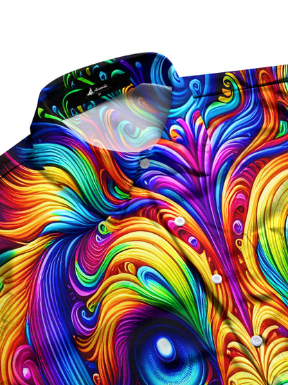Adaychic Men's Graphic Abstract Psychedelic Swirl Dog Face Print Short Sleeve Button Down Shirt with Chest Pocket