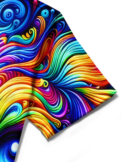 Adaychic Men's Graphic Abstract Psychedelic Swirl Dog Face Print Short Sleeve Button Down Shirt with Chest Pocket