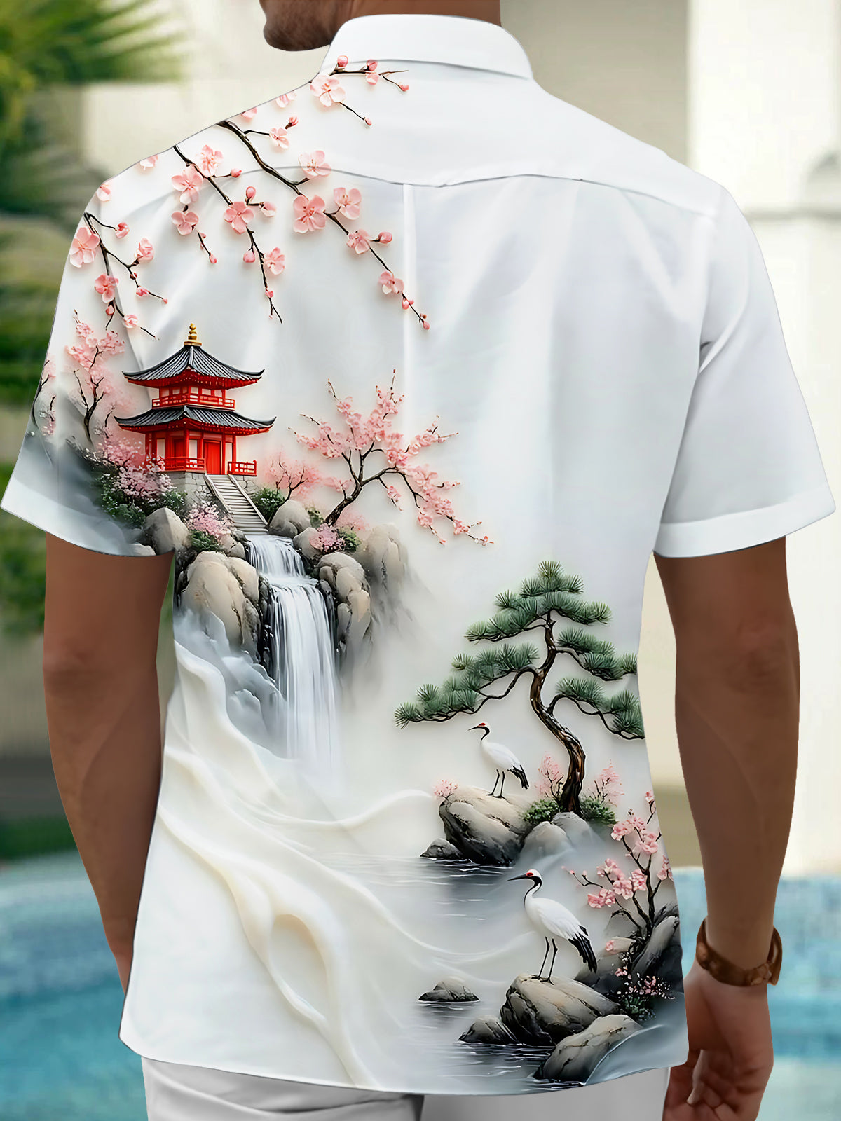 Adaychic Men's Graphic Floral Japanese Pagoda Waterfall Cherry Blossom Print Short Sleeve Button Down Shirt with Chest Pocket