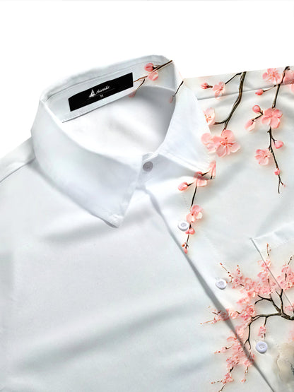 Adaychic Men's Graphic Floral Japanese Pagoda Waterfall Cherry Blossom Print Short Sleeve Button Down Shirt with Chest Pocket