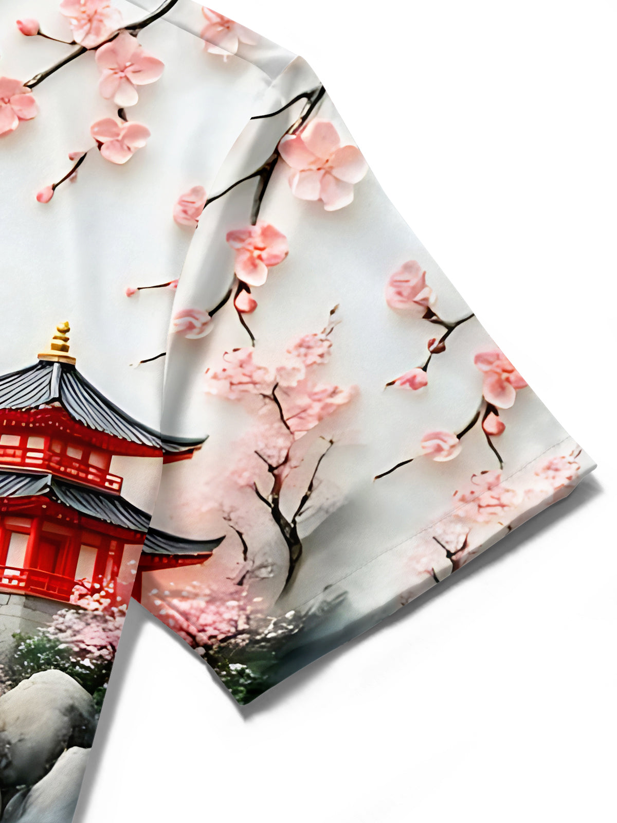 Adaychic Men's Graphic Floral Japanese Pagoda Waterfall Cherry Blossom Print Short Sleeve Button Down Shirt with Chest Pocket