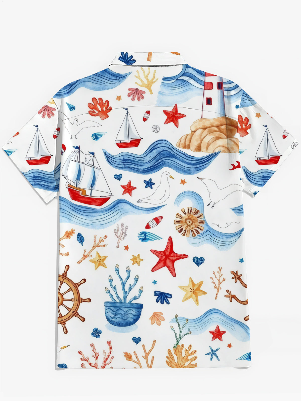 Ocean Lighthouse Ship Print Men's Pocket Short Sleeve Shirts