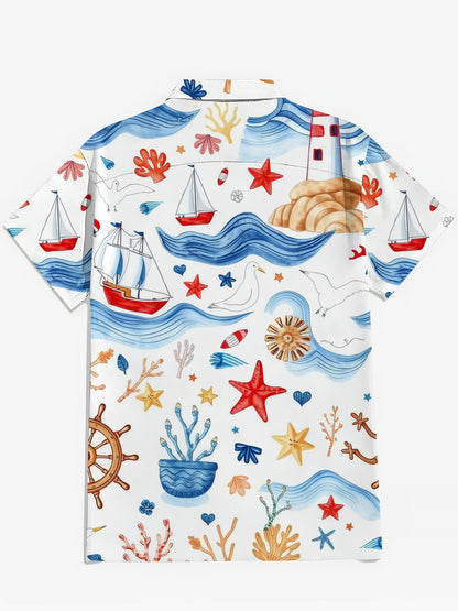 Ocean Lighthouse Ship Print Men's Pocket Short Sleeve Shirts
