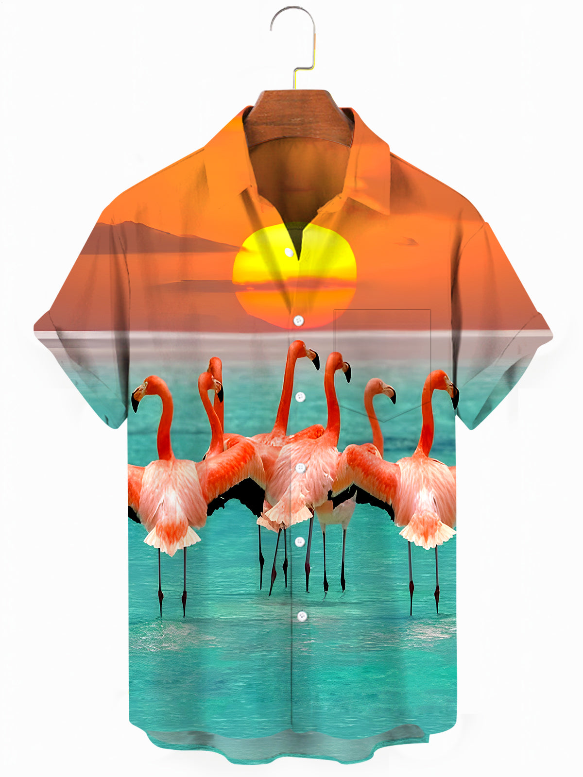 Hawaiian Flamingo Sunset Men's Pocket Short Sleeve Shirts