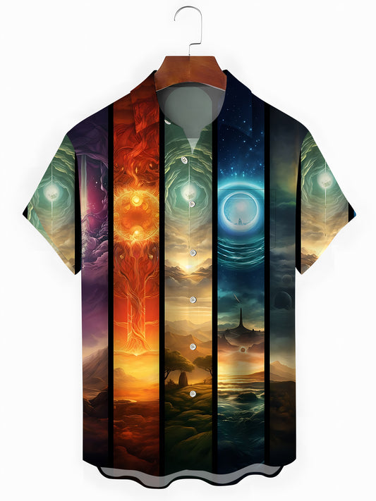 Landscape Print Men's Pocket Short Sleeve Shirts